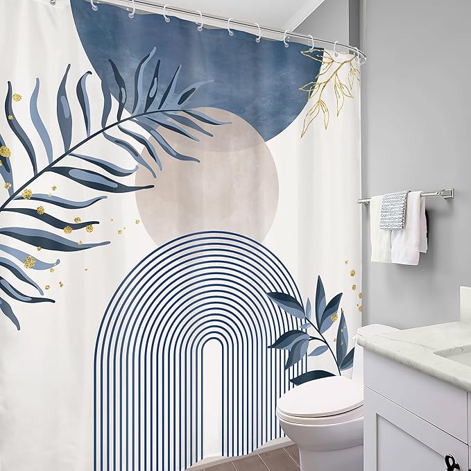 Navy Blue Boho Shower Curtain 72Wx78H Grey Modern Bohemian Abstract Leaves - Image 4