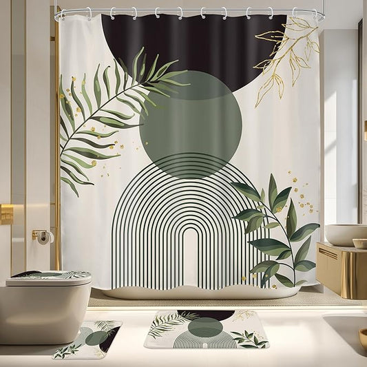 4 PCS Dark Green Boho 72Wx72H Shower Curtain Set Modern Mid Century Leaves by MitpokBrand