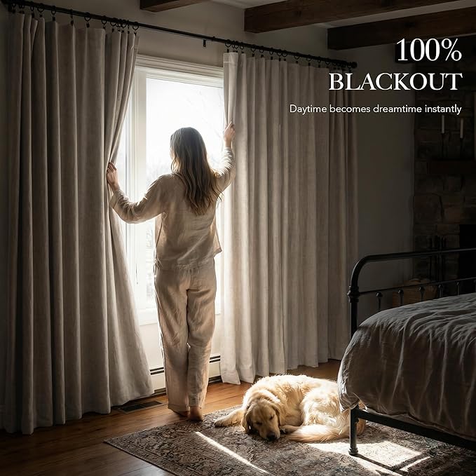 RYB HOME Natural Beige 100% Blackout Linen Curtains 72 inch Long, Thermal - Image 3
