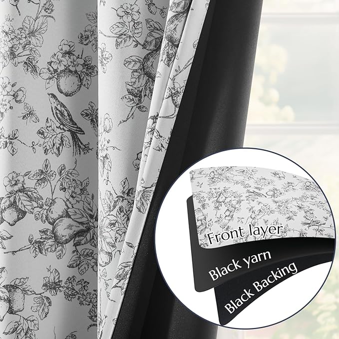 jinchan 95% Blackout Floral Curtains 90 Inches Long, Printed Flower Black - Image 4