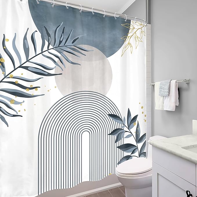 Blue Gray Boho Shower Curtain 60Wx72H Abstract Grey Bohemian Modern Leaves Mid - Image 4