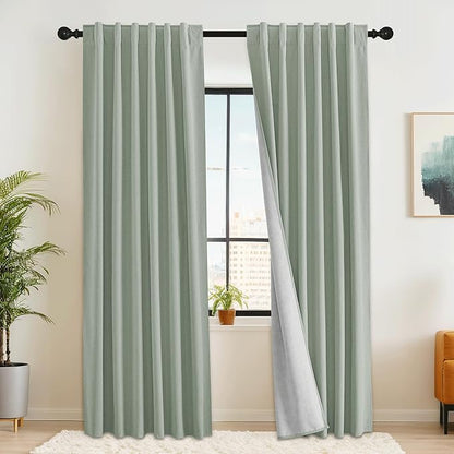RYB HOME Light Green Curtains 100% Blackout, Linen Window Treatment Panels by RYBHOME