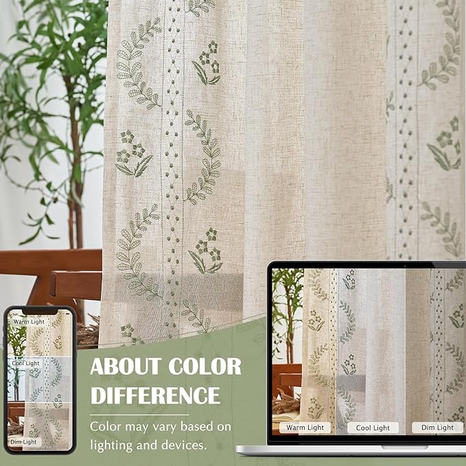 jinchan Belrose Linen Curtains for Bedroom Floral Curtains 96 Inch Length Linen - Image 8