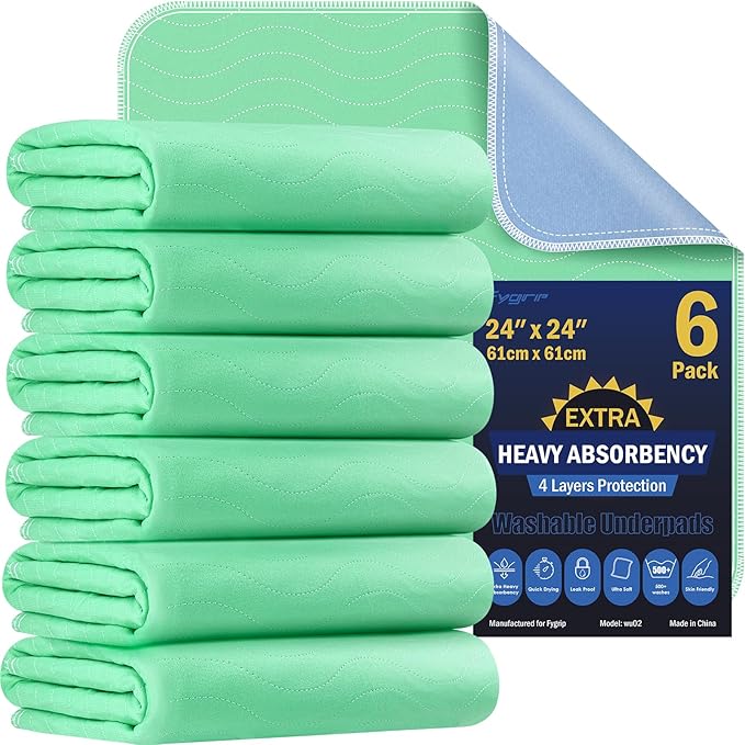 6 Pack 24” x 24” Extra Heavy Absorbency Washable Underpads, Waterproof Nursing by Fygrip