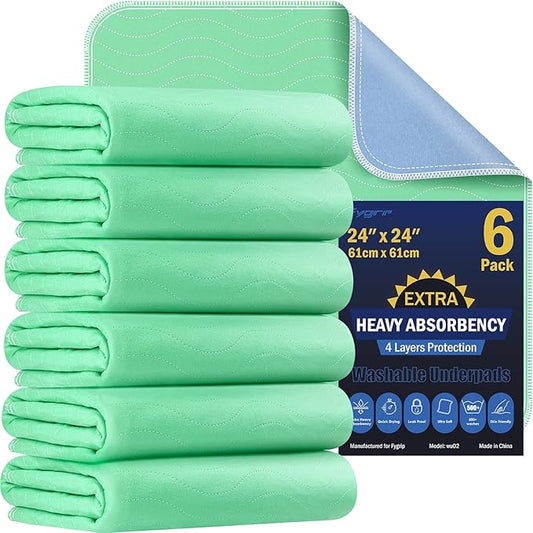 6 Pack 24” x 24” Extra Heavy Absorbency Washable Underpads, Waterproof Nursing by Fygrip