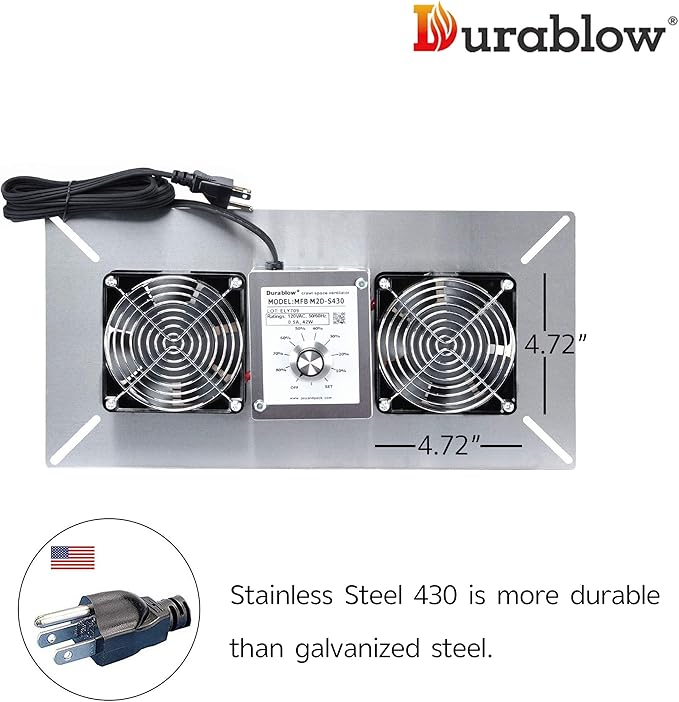 Durablow 220 CFM Air-Out Stainless Steel Crawl Space Vent Fan, Dual Fans - Image 2
