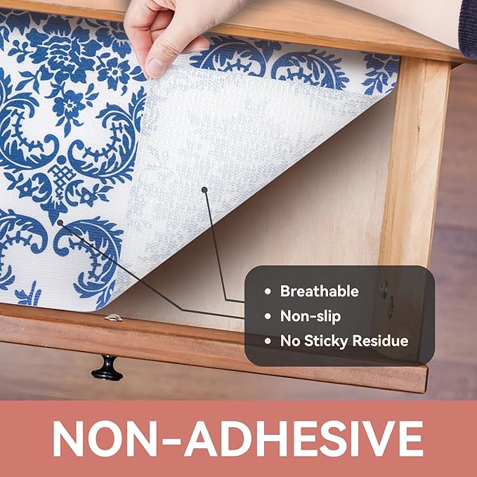 RAY STAR Shelf Liner, Non Adhesive Vintage Navy Blue Floral Kitchen Cabinet - Image 8