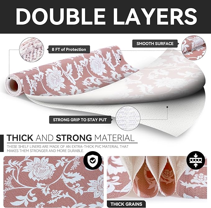 RAY STAR Shelf Liner, 18 Inch x 8 Feet Non Adhesive Pink Floral Kitchen Cabinet - Image 7