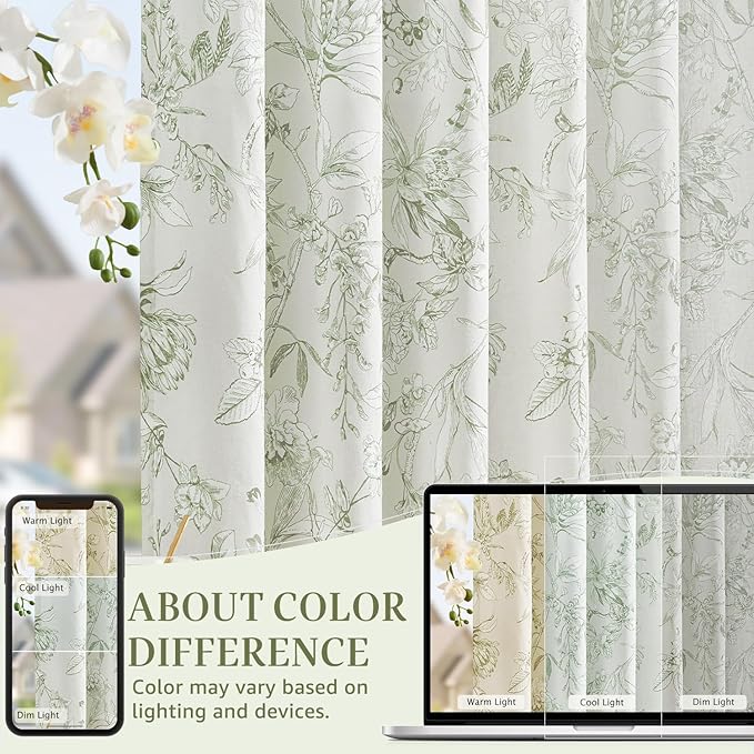 jinchan Floral Curtains 96 Inches Long Sage Green Flower Linen Farmhouse Curtain - Image 6