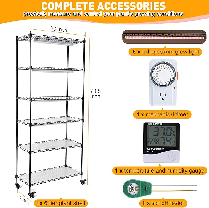 Meonum Indoor Greenhouse with Grow Lights, 6 Tier Metal Plant Shelf with Cover - Image 2