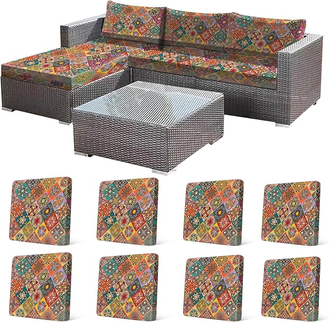 8Pcs Stretch Patio Cushion Cover, Bohemian Colored Geometric Pattern Couch by CALBODE