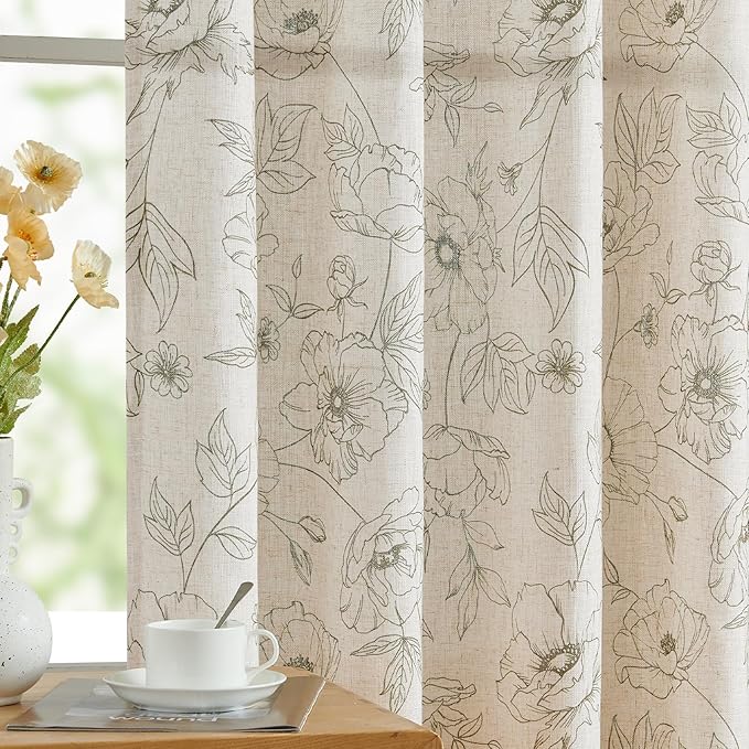 jinchan Floral Linen Curtains for Living Room 63 Inch Length Green Flower by JINCHAN
