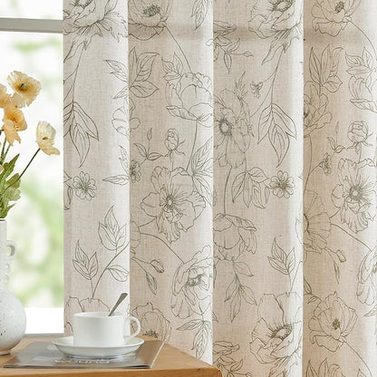jinchan Floral Linen Curtains for Living Room 63 Inch Length Green Flower by JINCHAN