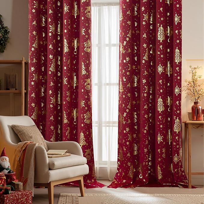 NICETOWN 2 Christmas Red Curtains 52 x 90 Inch, Holiday Style Window Treatment by NICETOWN