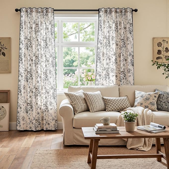 JINCHAN Linen Blend Floral Curtains French Country Curtain - Image 3