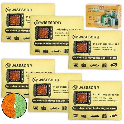 6 Pack 120G Reusable Silica Gel Desiccant Dehumidifier Bags, Color Indicating by Wisesorb