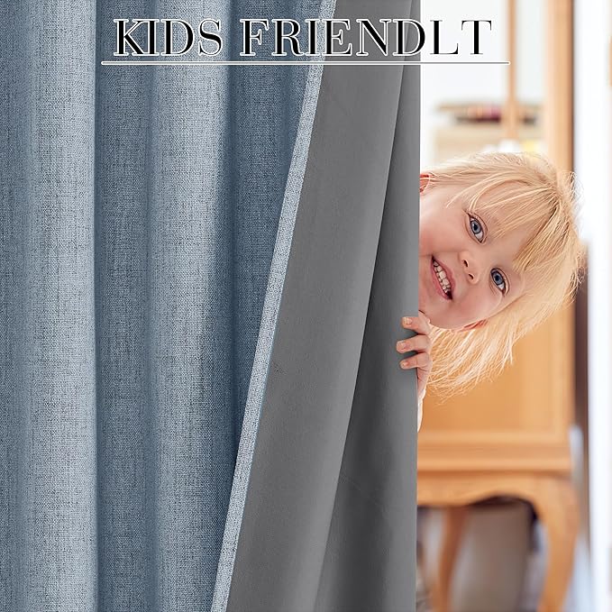 RYB HOME Smoky Blue Linen 100% Blackout Curtains - Image 6