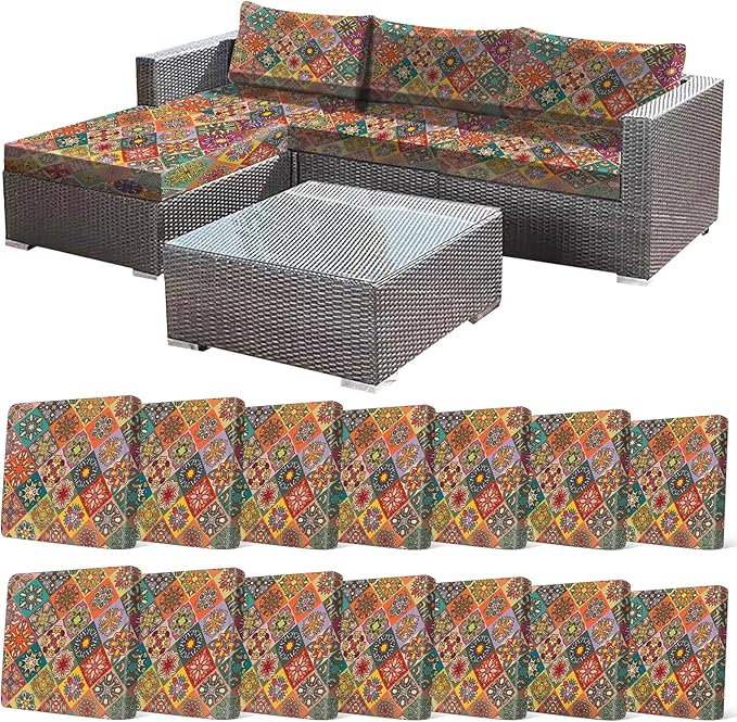 14Pcs Stretch Patio Cushion Cover, Bohemian Colored Geometric Pattern Couch by CALBODE