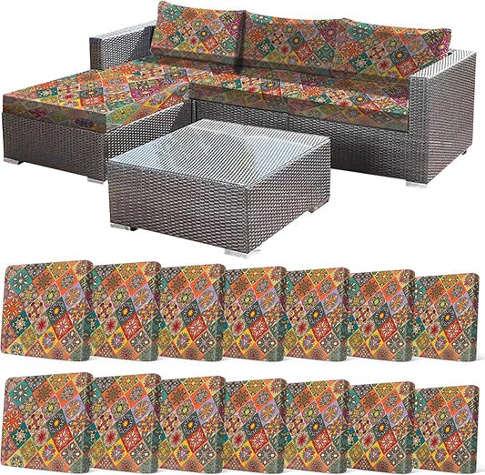 14Pcs Stretch Patio Cushion Cover, Bohemian Colored Geometric Pattern Couch by CALBODE