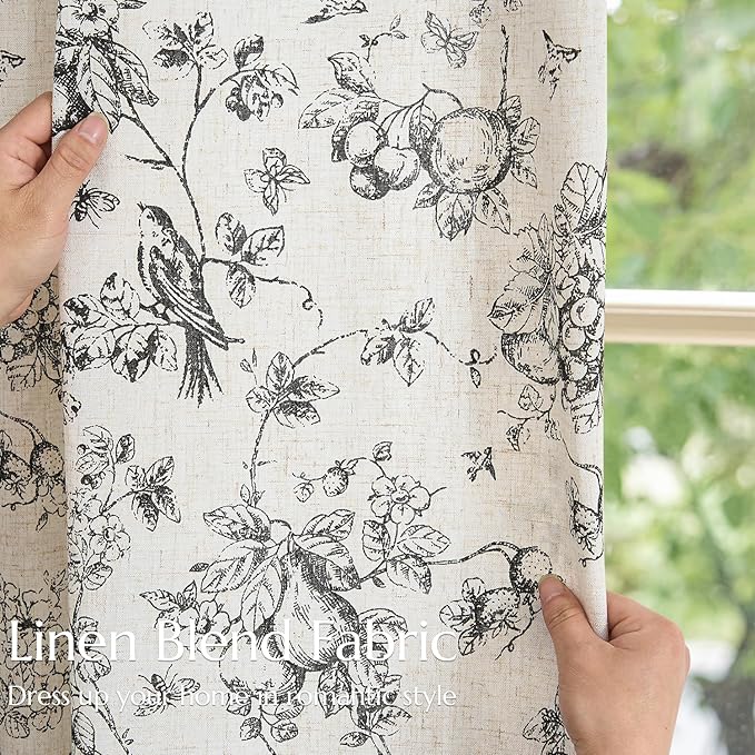 jinchan Linen Floral Curtains for Living Room 63 Inch Length Black Printed - Image 6