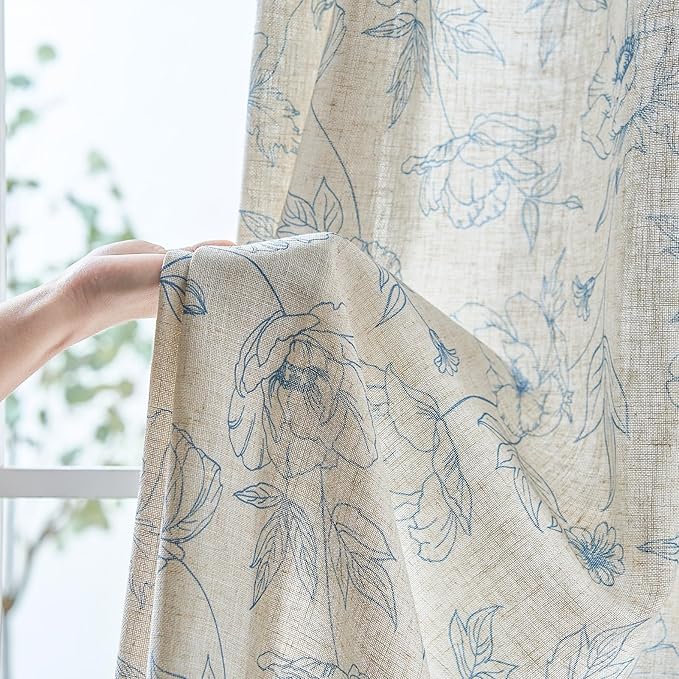 jinchan Floral Linen Curtains for Living Room 96 Inch Length Blue Flower - Image 6