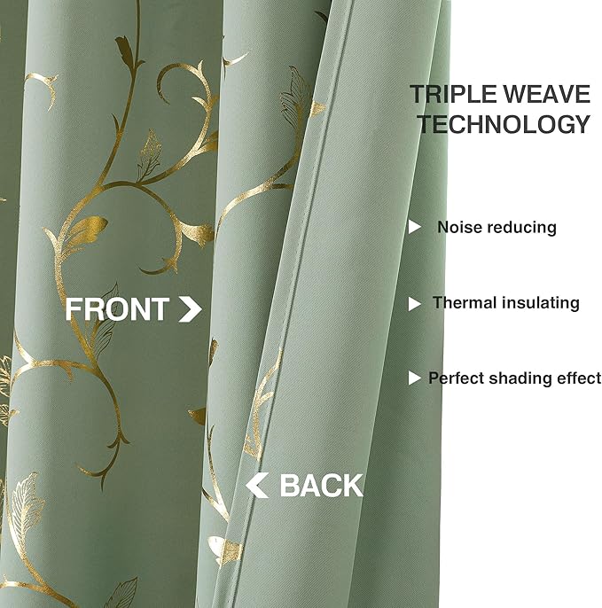 BUHUA Blackout Curtains Gold Foil Print Flower Vine Grommet Drapes, Room - Image 5