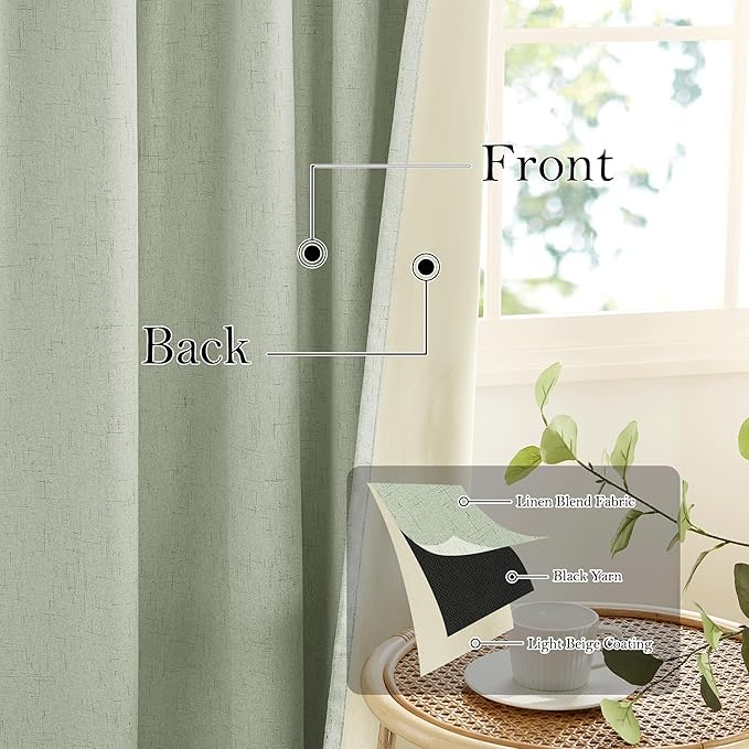 RYB HOME 100% Blackout Sage Green Linen Curtains, Extra Long Light & Heat - Image 3