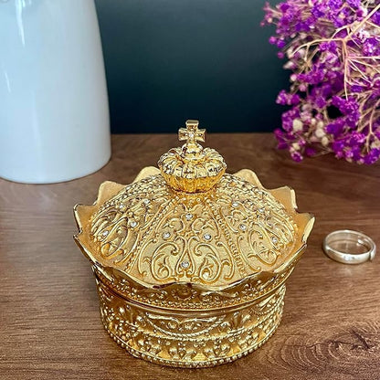 Crown Shape Jewelry Chest, Yurt Style Vintage Metal Gem Box, Round Alloy Retro - Image 2