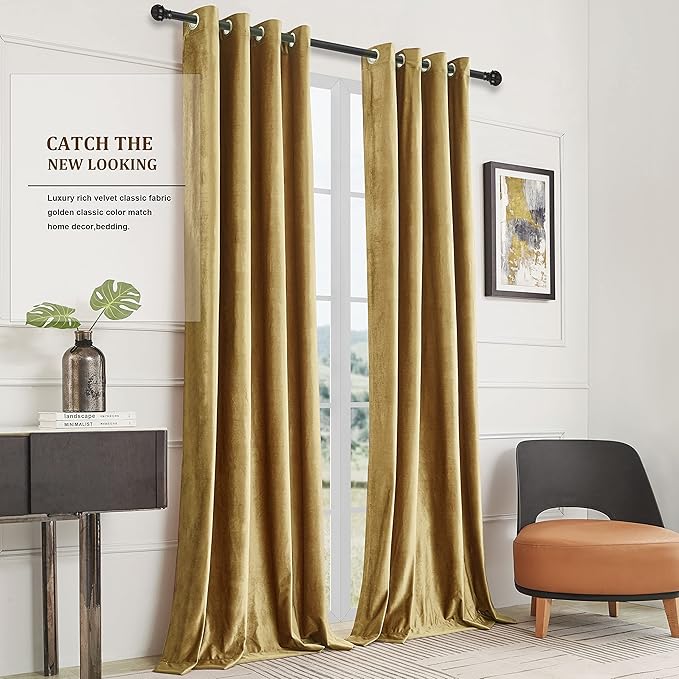 BULBUL Velvet Gold Curtains 72 inch Length- Living Room Blackout Thermal Window - Image 9