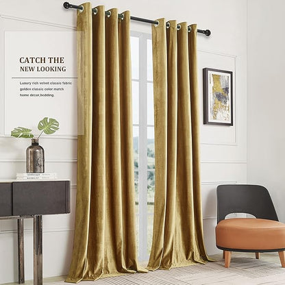 BULBUL Velvet Gold Curtains 90 inch Length- Living Room Blackout Thermal Window - Image 9