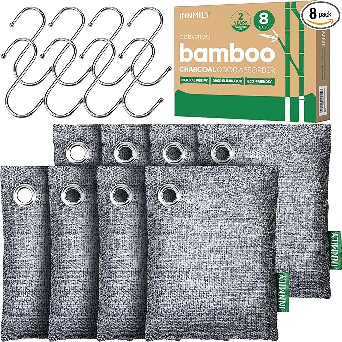 Activated Charcoal Odor Absorber, 8 Pack w Hooks Nature Odor Eliminator by Innmily
