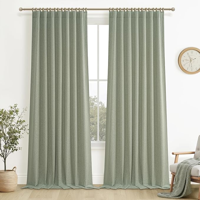 Sage Green Blackout Linen Curtains 108 Inches Long by QJMYDECO