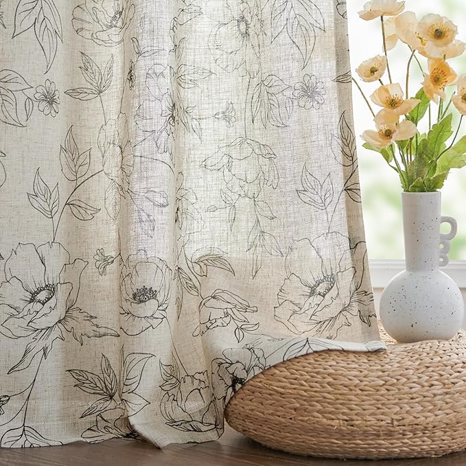 jinchan Linen Floral Curtains for Living Room 84 Inch Length Grey Flower - Image 7