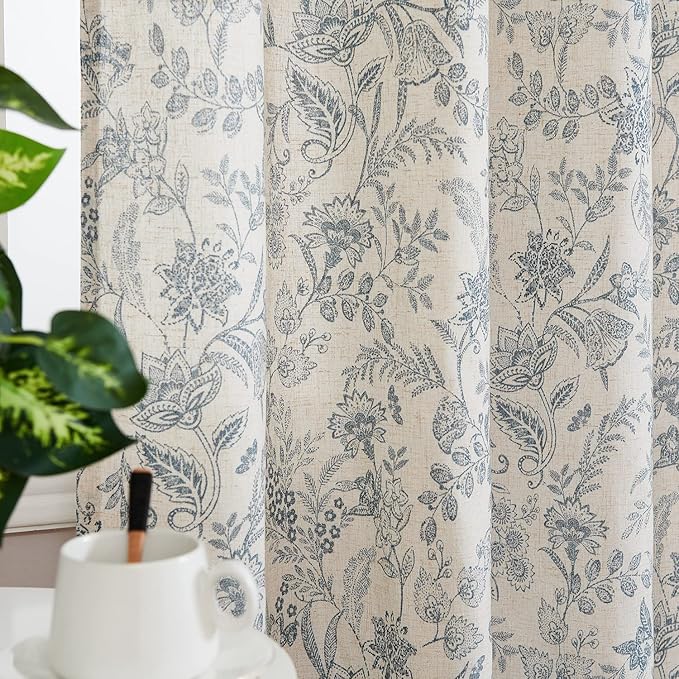 Vangao Blue Floral Linen Curtains - Image 4