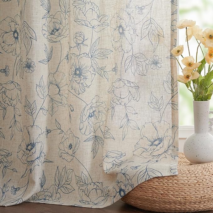 jinchan Floral Linen Curtains for Living Room 84 Inch Length Blue Flower - Image 7