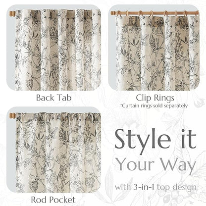 jinchan Floral Curtains 108 Inch Length Black Flower Linen Farmhouse Curtain - Image 3