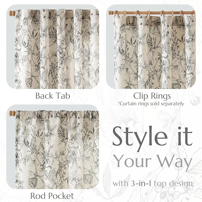 jinchan Floral Curtains 63 Inch Length Black Flower Linen Farmhouse Curtain - Image 5