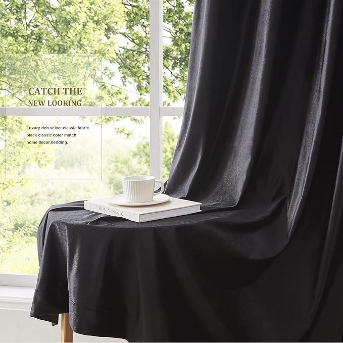BULBUL Black Velvet Curtains 72 inch Luxury Elegant Living Room Curtain - Image 4
