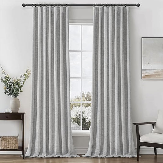 Grey Linen Room Darkening Curtains 96 Inches Long 2 Panels Set by QJMYDECO