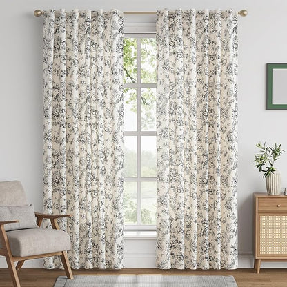 jinchan Linen Floral Curtains for Living Room 84 Inch Length Black Printed - Image 2