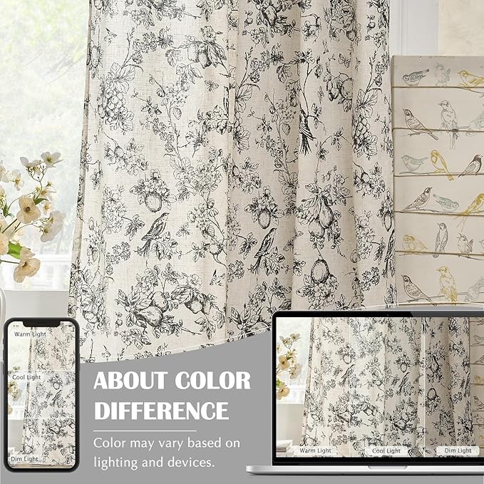 jinchan Linen Floral Curtains for Living Room 96 Inch Length Black Printed - Image 5