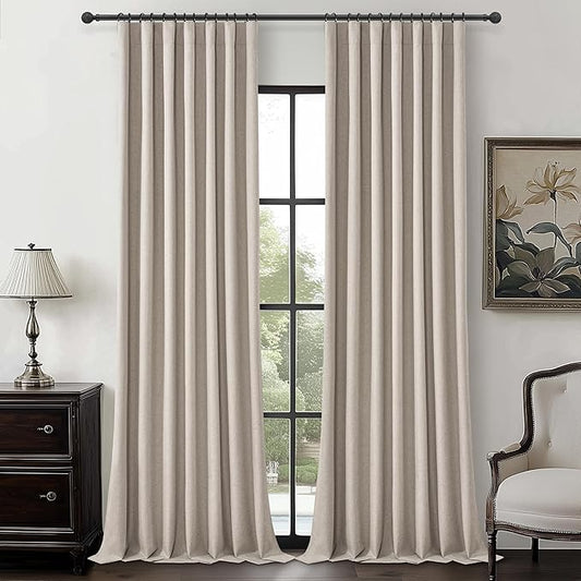 Grey Flax Taupe Blackout Curtains 60 Inches Extra Wide Linen Curtain 84 Inch by QJMYDECO
