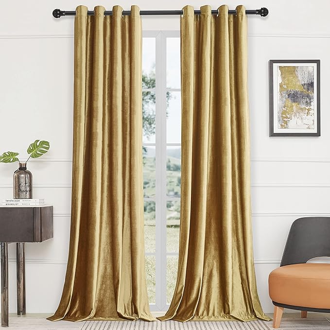 BULBUL Velvet Gold Curtains 63 inch Length- Living Room Blackout Thermal Window - Image 8