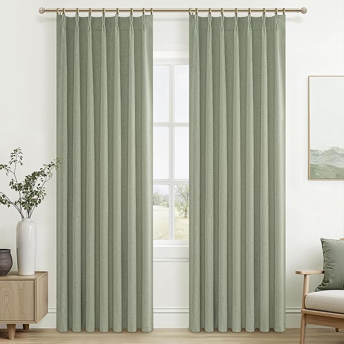Sage Green Blackout Linen Curtains 90 Inches Long by QJMYDECO