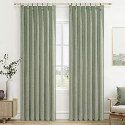 Sage Green Blackout Linen Curtains 90 Inches Long by QJMYDECO