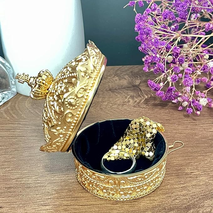 Crown Shape Jewelry Chest, Yurt Style Vintage Metal Gem Box, Round Alloy Retro - Image 3