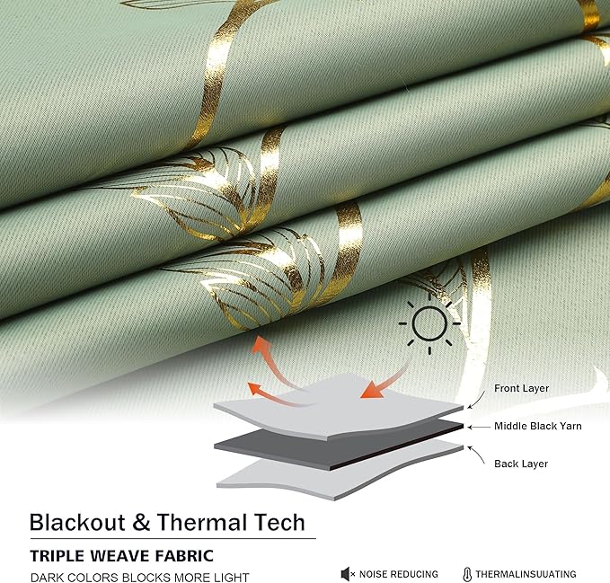 BUHUA Blackout Curtains Gold Foil Print Flower Vine Grommet Drapes, Room - Image 7
