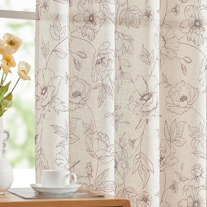jinchan Floral Linen Curtains for Living Room 96 Inch Length Brown Flower by JINCHAN