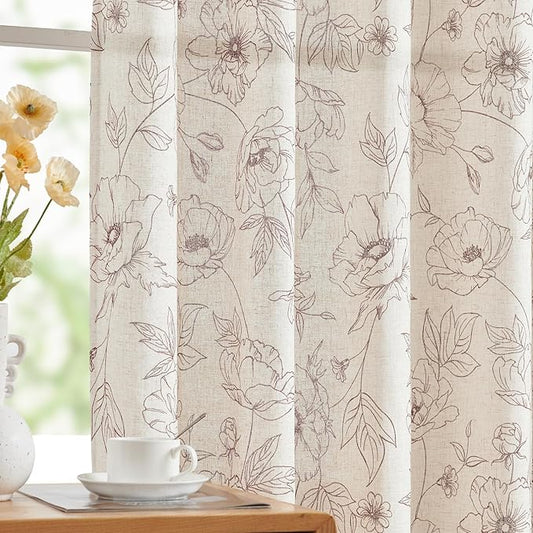 jinchan Floral Linen Curtains for Living Room 63 Inch Length Brown Flower by JINCHAN