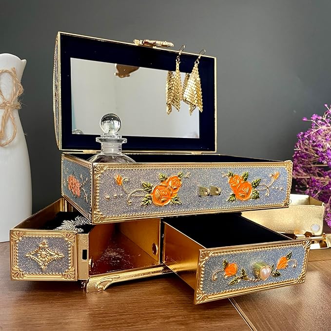 Retro Jewelry Box Arched Vintage Rectangular Metal Chest Necklace Ring Earrings - Image 3